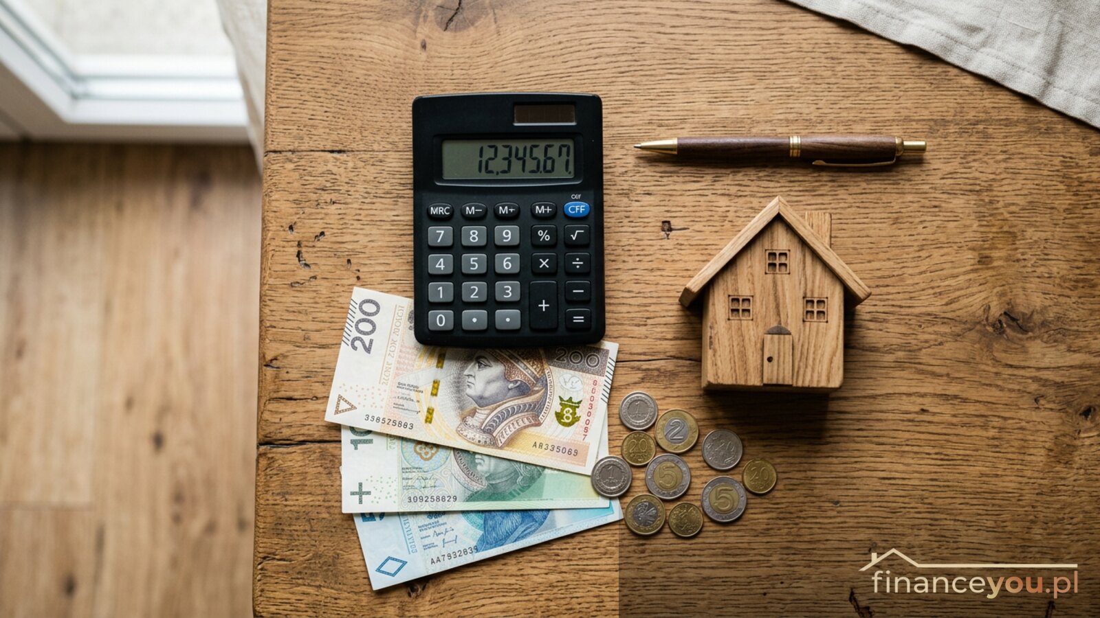 Kalkulator, banknoty PLN i drewniany domek — koszty pożyczki